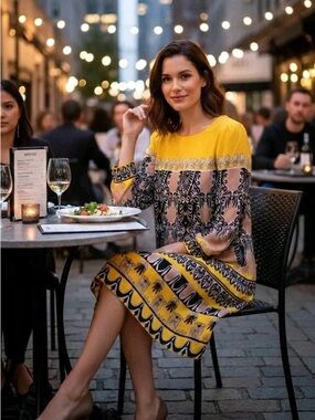 J Crew Jules 100% Silk Golden Yellow and Navy Blue Shift - Sz 6